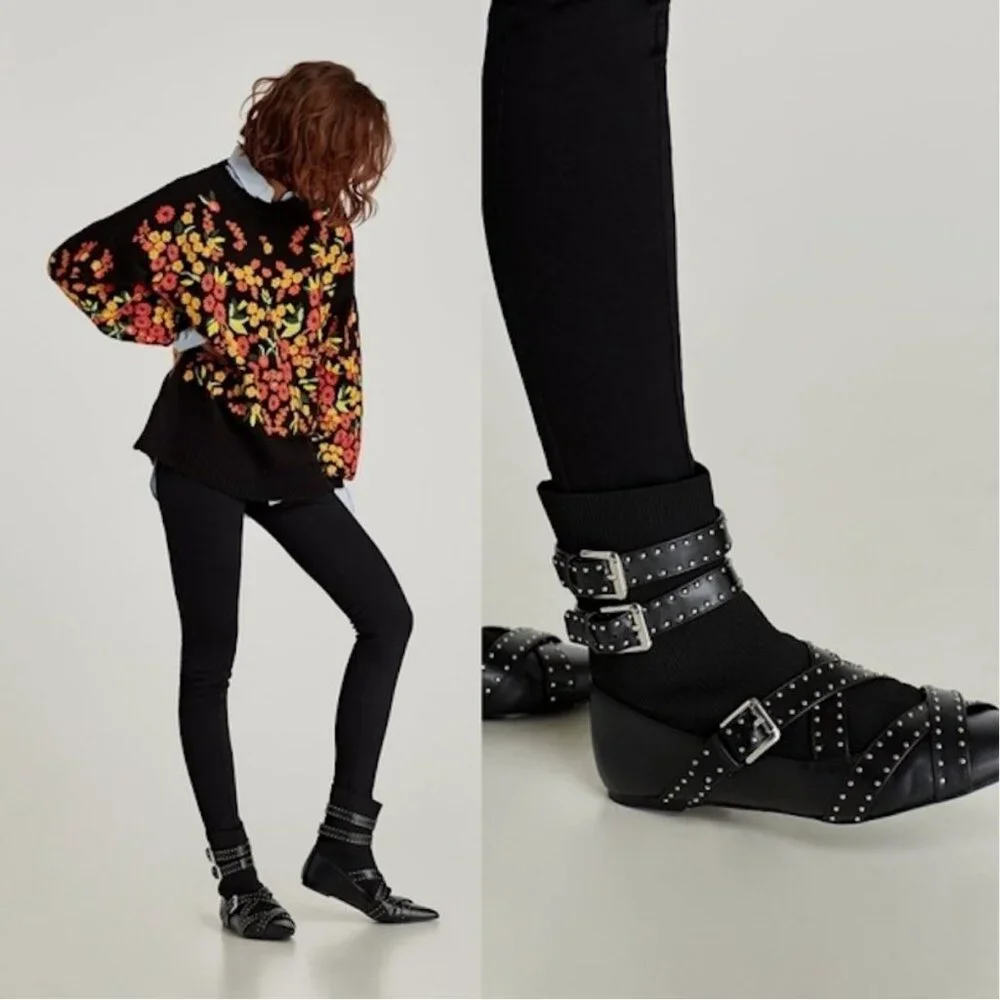 NWOB Zara Flat Vegan Buckled Studded Sock Ankle Boot